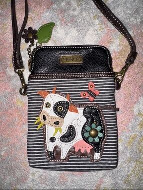 Chala Black & White Striped Crossbody with Cow Appliqué